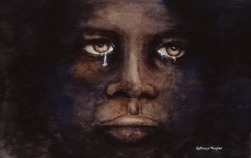 Close-up painting of a somber face with tears falling from the eyes.