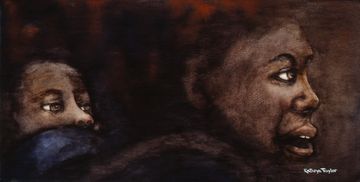 A painting of a child carrying a baby on their back, both looking to the right.