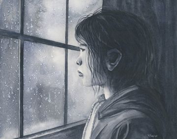 Monochromatic watercolour of a thoughtful girl by a rainy window.