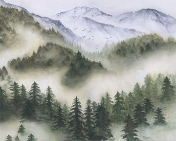 Mountain landscape with fog and birds.