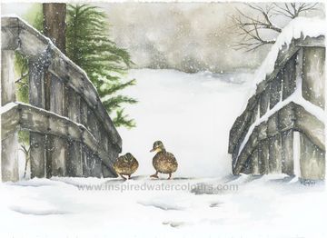Watercolour winter scene of ducks on a snowy wooden bridge, nature art by Kathryn Taylor