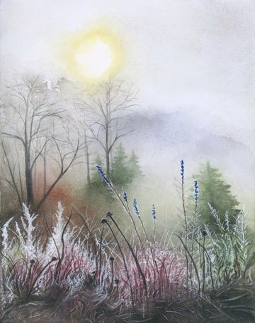 Watercolour landscape of a misty sunrise over frosted grasses, nature art by Kathryn Taylor