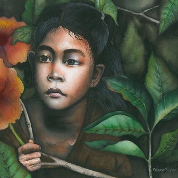 Watercolour portrait of a young girl surrounded by lush green leaves and, fine art by Kathryn Taylor