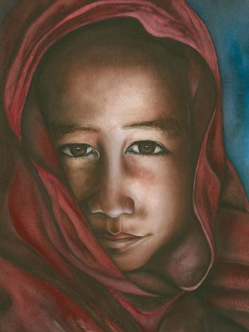 Watercolour portrait of a young child wrapped in a red cloak, expressive fine art by Kathryn Taylor