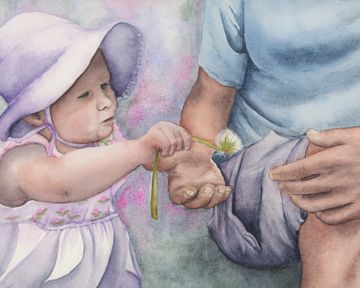 Child giving a dandelion to her father, watercolour painting