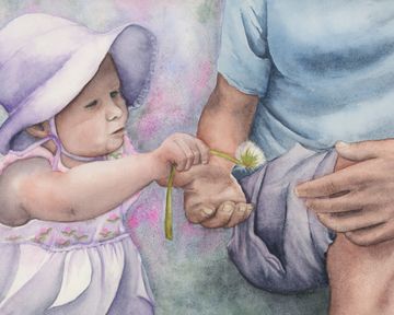 Child giving a dandelion to her father, watercolour painting