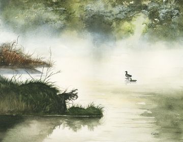 Misty shoreline watercolour with calm water and two ducks drifting.