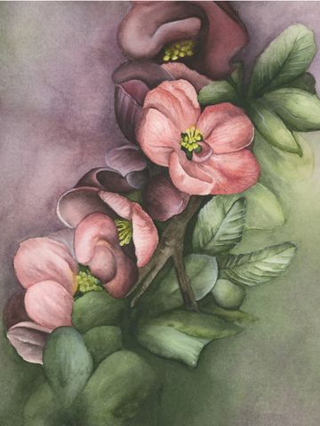 Soft pink watercolor flowers with muted green leaves on a soft, atmospheric background.