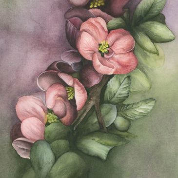 Soft pink flower watercolour print with lush green leaves and gentle botanical detail.