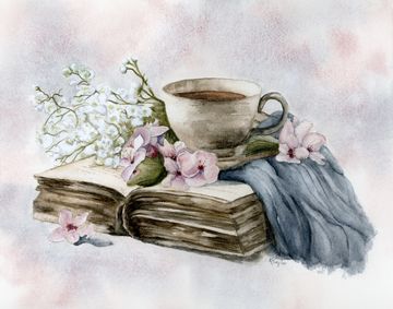 Watercolour of a teacup, vintage books and soft flowers.