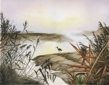Watercolour landscape of a heron standing by a misty river at sunrise, nature art by Kathryn Taylor.