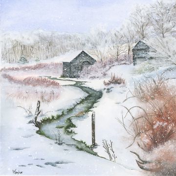 Snowy winter watercolor with winding creek and rustic cabins.