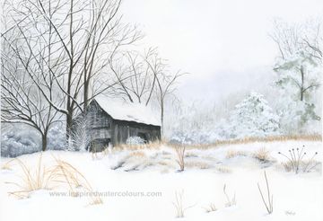 Watercolour landscape of a rustic barn in snowy fields with bare trees, nature art by Kathryn Taylor