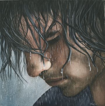 Watercolor portrait of a man in the rain, realism, introspection, and contemporary figurative art.