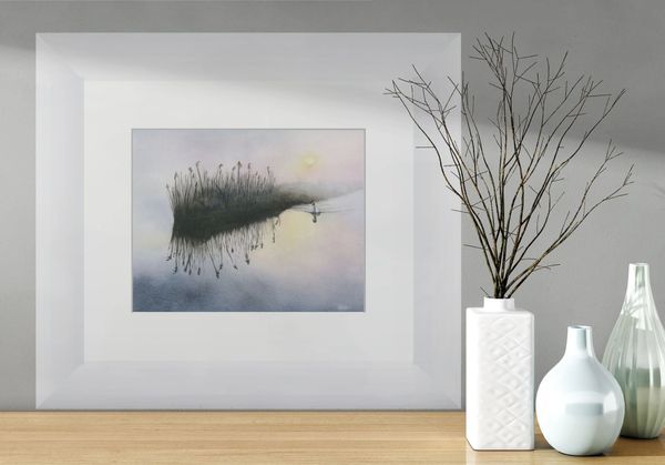 Misty lake reflection watercolour print with soft pastel sky and tranquil nature landscape, wall art