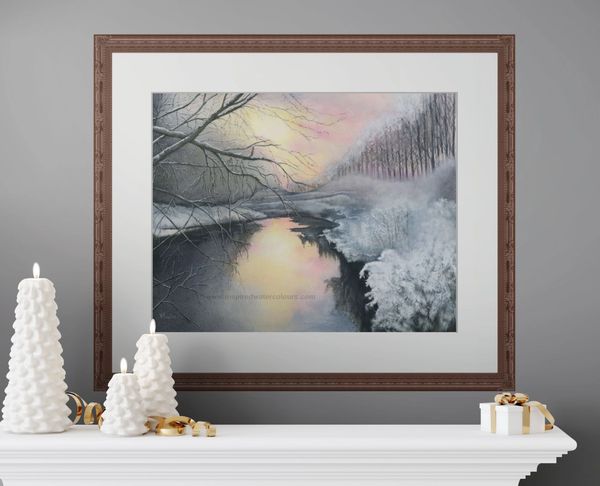 Winter river sunset watercolour print with snowy trees and soft pastel sky, landscape wall art