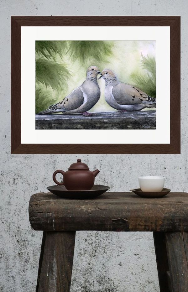 Mourning doves watercolor painting by Kathryn Taylor, symbolizing love and serenity in nature.