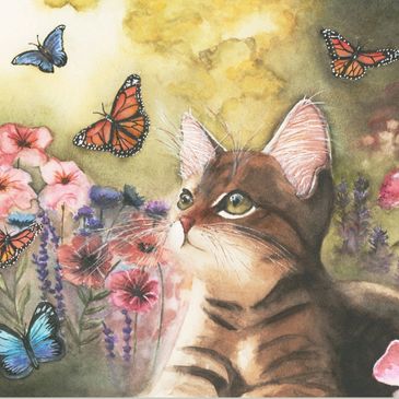 Whimsical cat watercolor illustration by Kathryn Taylor