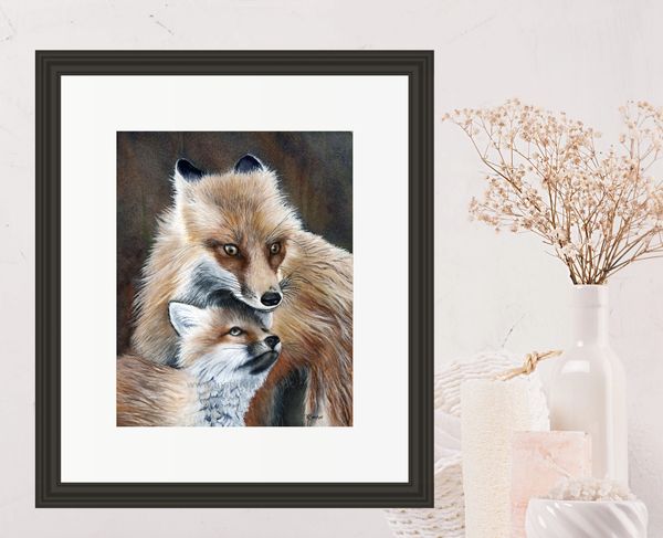 Fox and Kit Watercolour Print – Tender Wildlife Art in Neutral Frame, Warm Nature Wall Decor