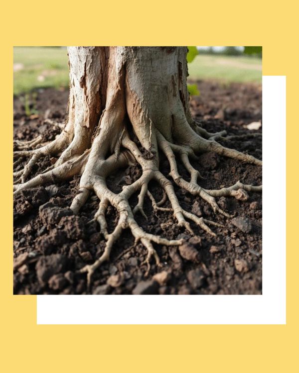 Tree trunk with sprawling roots in soil.