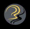 Abstract logo with curved lines in dark and gold tones.
