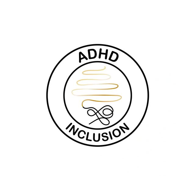 The ADHD Inclusion logo that is a circular stamp an image of a black tangled line untangling to gold