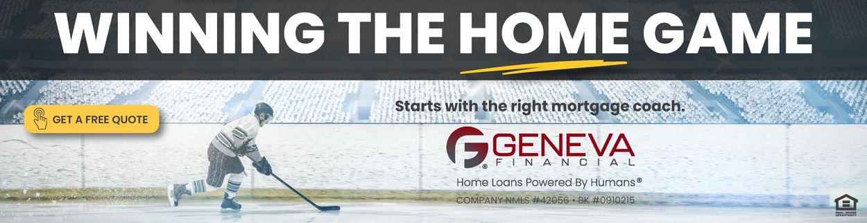 Hockey player on ice promoting Geneva Financial home loans.