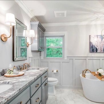 Bathroom Remodels, renovation, standing tub, marble, board and batten, wainscotting