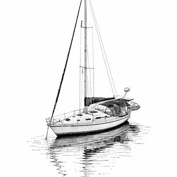 Black and white drawing of a sailboat on calm water.