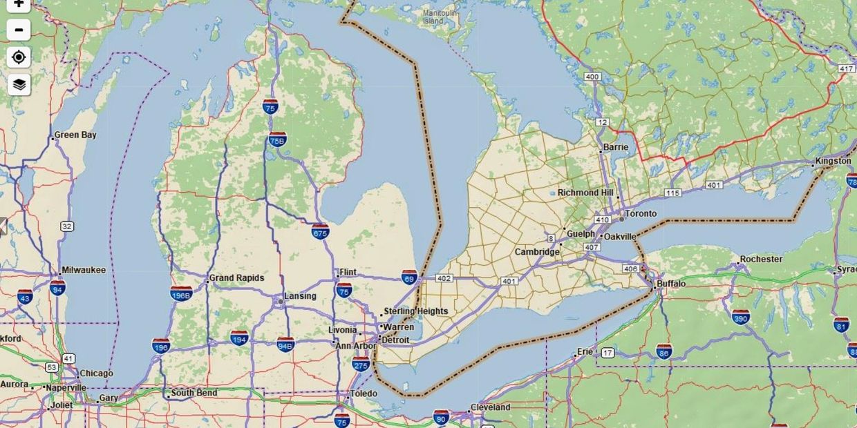 Map showing Michigan and parts of southern Ontario with major highways and cities.