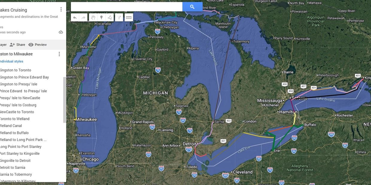 Map showing Great Lakes cruising routes from Kingston to Milwaukee.