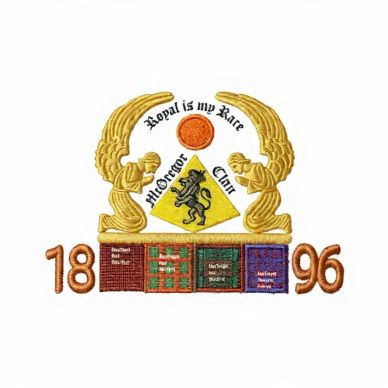 Embroidered McGregor Clan emblem with gold figures, crest, and 1896 year.