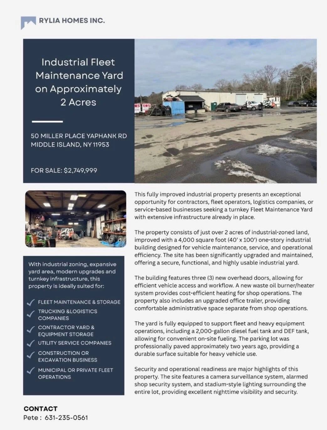 Industrial fleet maintenance yard for sale in Middle Island, NY on 2 acres with upgraded facilities.