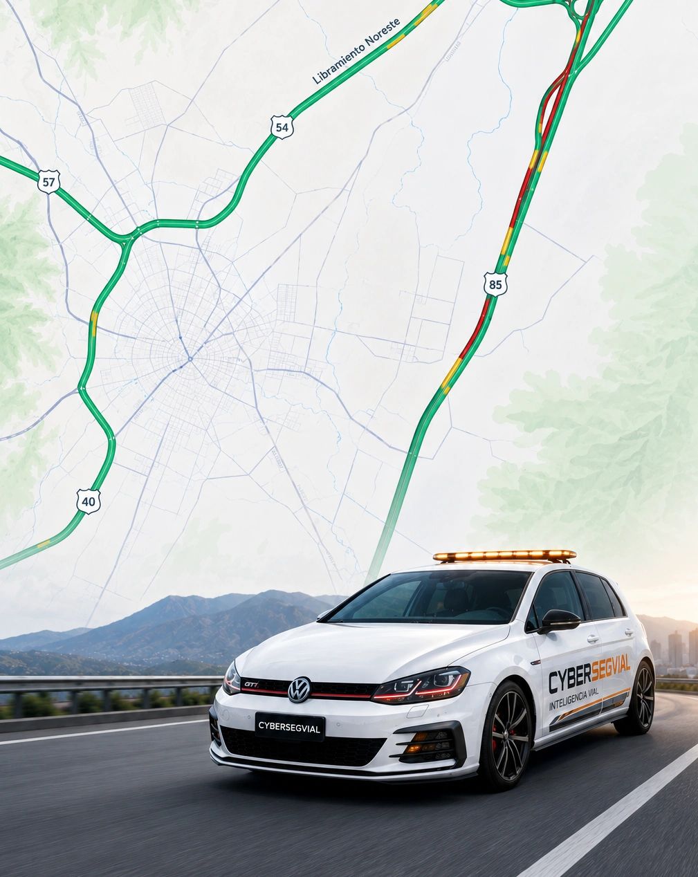 Auto blanco con luz intermitente en carretera y mapa al fondo.