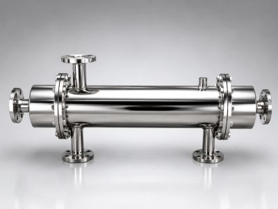 Polished stainless steel industrial heat exchanger.