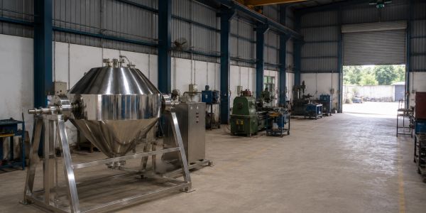 Industrial stainless steel machinery in a spacious workshop.