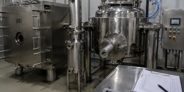 Industrial stainless steel processing equipment inside a facility.