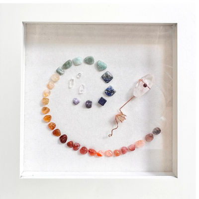 Crystal grid in a golden spiral pattern with quartz and fluorite for flow and harmony.