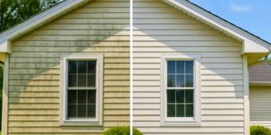 House exterior showing a side-by-side comparison of dirty and clean siding.