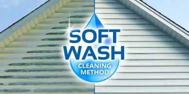 Side-by-side comparison of house siding before and after soft wash cleaning.
