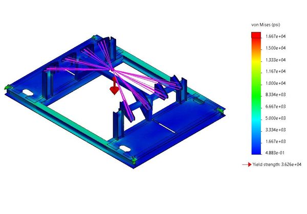 Shipping Fixture 4 Point Diagonal Lifting Stress Analysis via Static FEA. 9'x18'x3'.