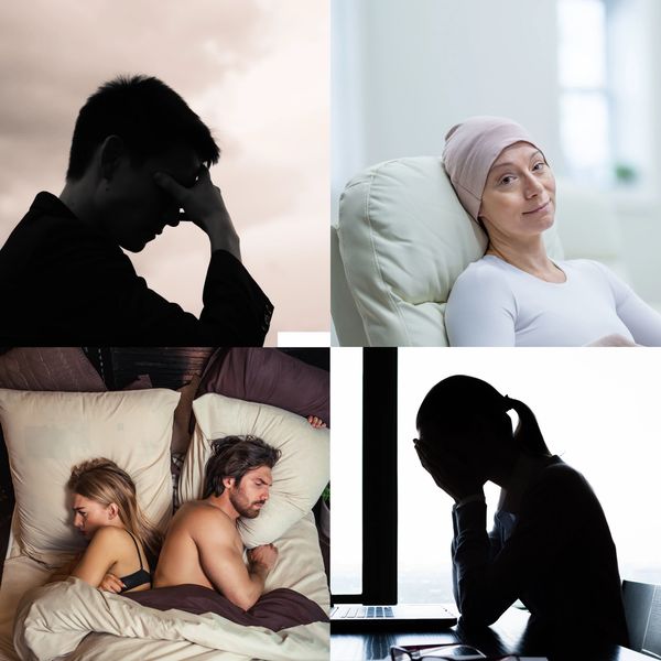 Quatre images illustrant la douleur émotionnelle et la lutte personnelle.