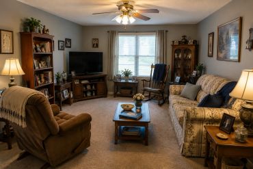 Cozy living room with comfortable seating and warm lighting.