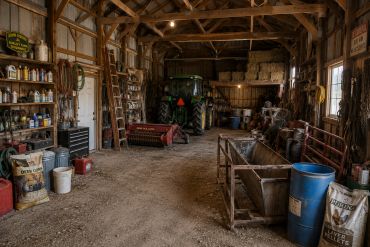 Interior of a rustic barn with farming equipment and supplies.