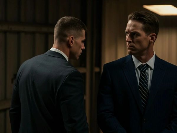 Two men in suits having a tense conversation in a dimly lit room.
