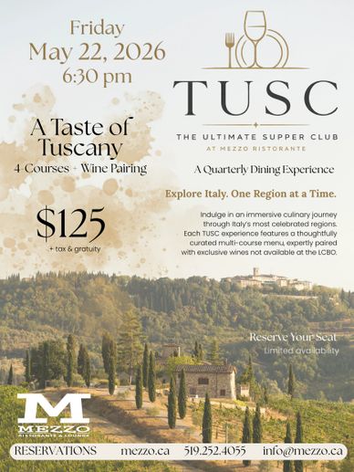 Event poster for a Tuscany-themed 4-course wine pairing dinner at Mezzo Ristorante.