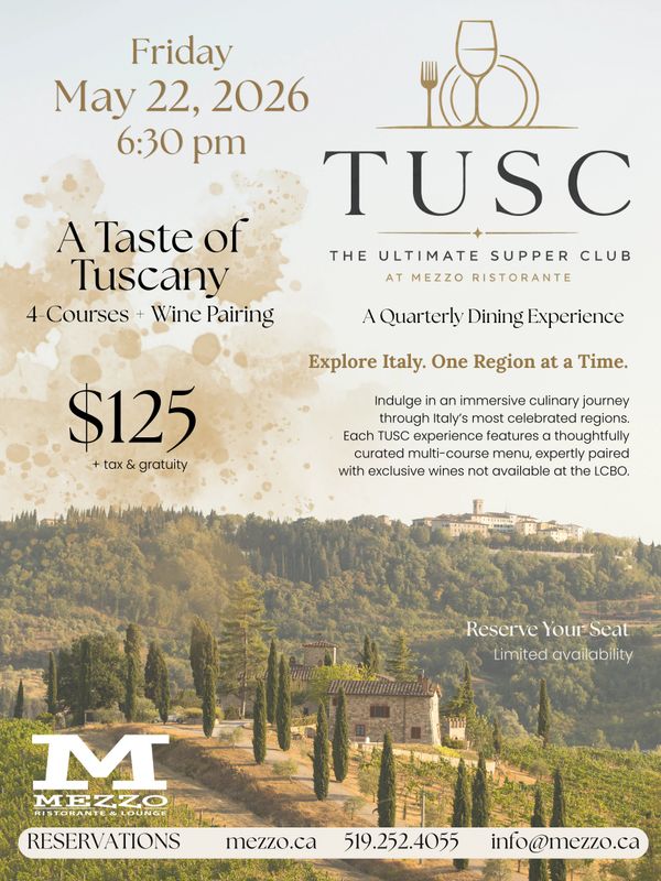 Elegant Tuscany dining event with 4 courses and wine pairing on May 22, 2026 at Mezzo Ristorante.