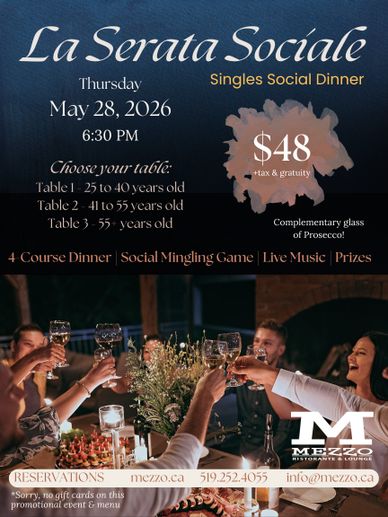 Invitation to La Serata Sociale singles dinner on May 28, 2026, with social mingling and live music.