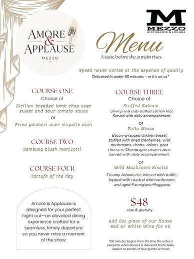 Elegant multi-course dining menu from Mezzo featuring gourmet dishes and wine options.