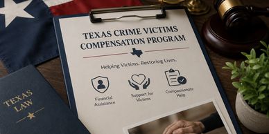 Texas Crime Victims Compensation Program brochure with Texas law book and gavel.